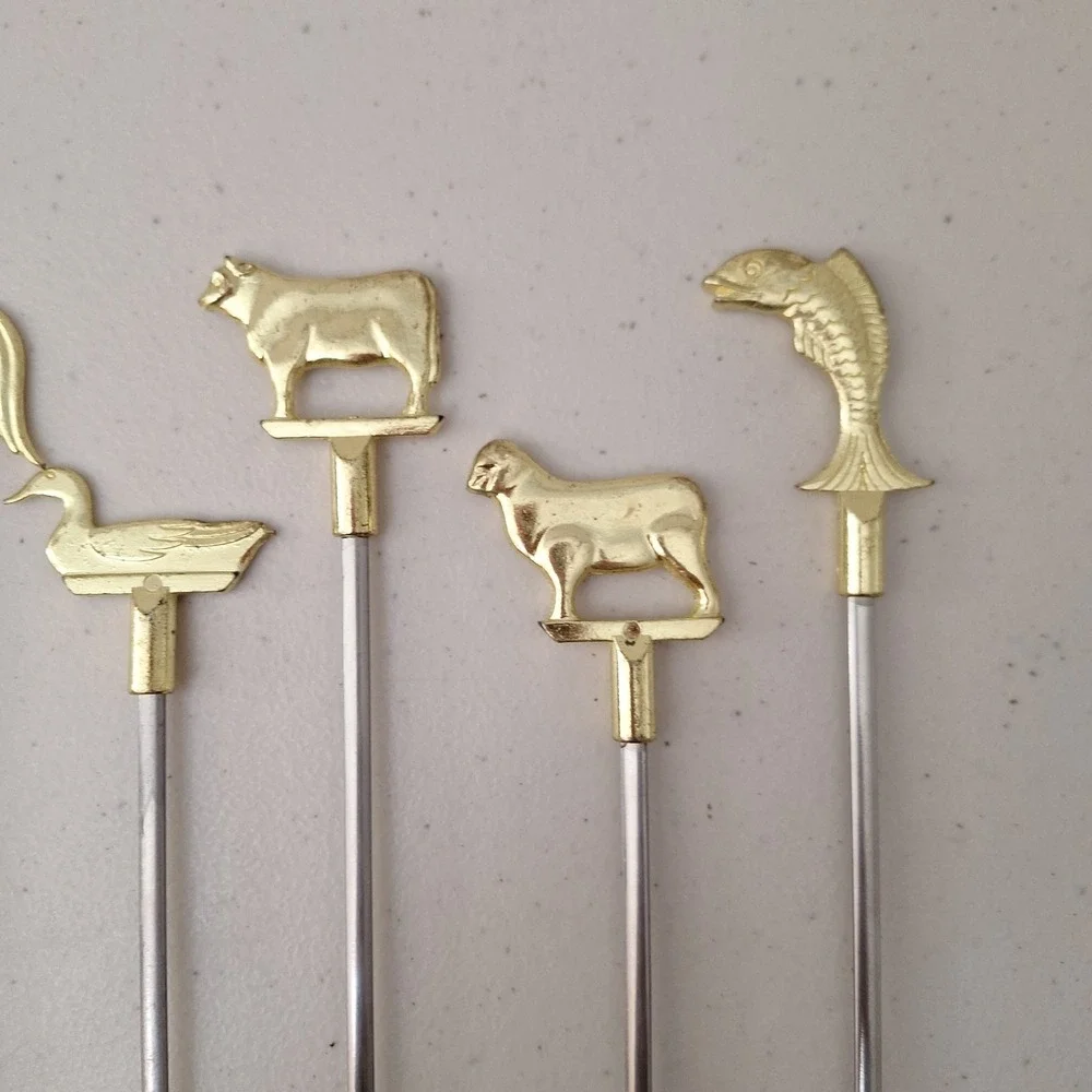 Vintage Set Of 6 Brass Skewers‎ Tops Farm Animals 15
